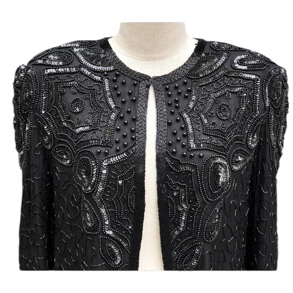 🎉HP! ❤️ Vintage Gothic x Steampunk Adrianna Papell Black Silk Beaded Jacket - Picture 8 of 9